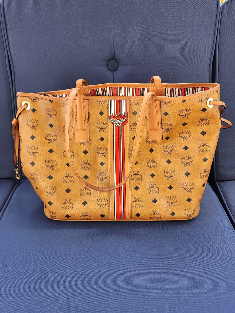 MCM Tan Visetos Stripe Canvas Tote with Red Accent